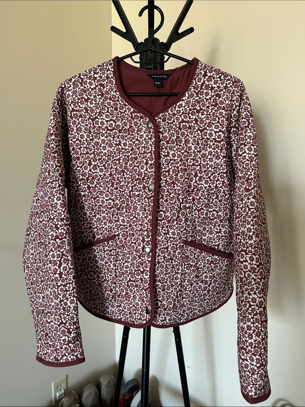 Tahari Burgundy Floral Quilted Snap-Front Jacket